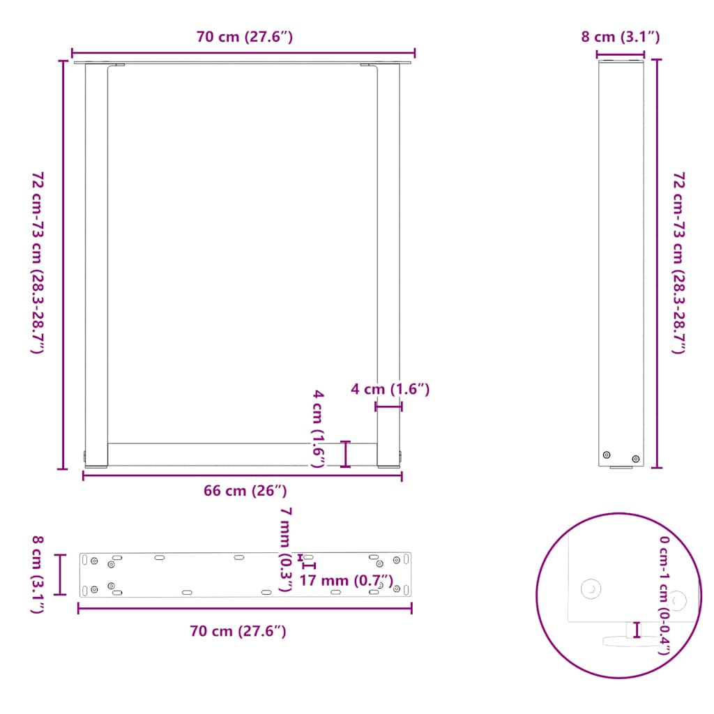 vidaXL Πόδια Τραπεζαρίας σε Σχήμα U 3 τεμ. Λευκά 70x(72-73) εκ. Ατσάλι