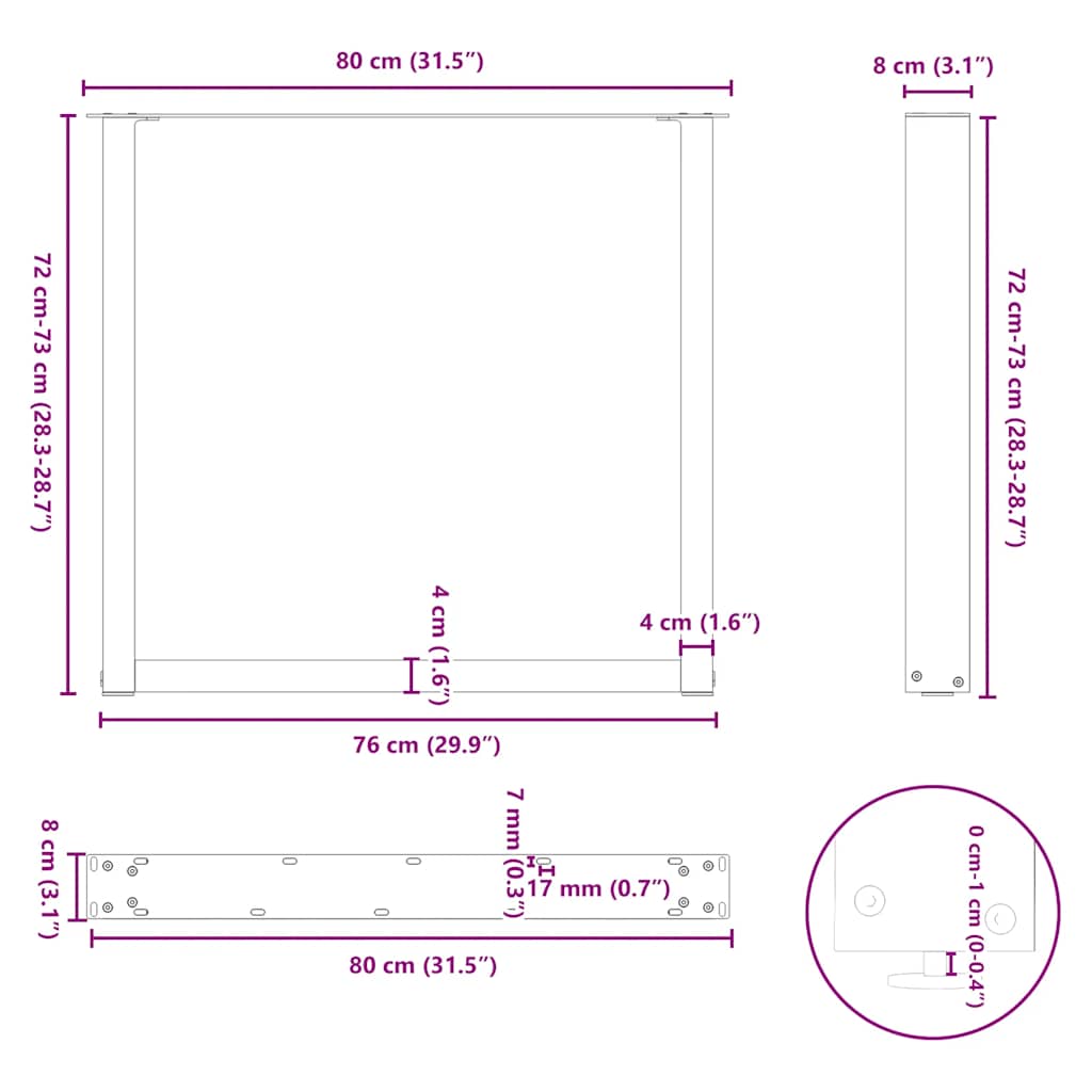 vidaXL Πόδια Τραπεζαρίας σε Σχήμα U 3 τεμ. Μαύρο 80x(72-73) εκ. Ατσάλι
