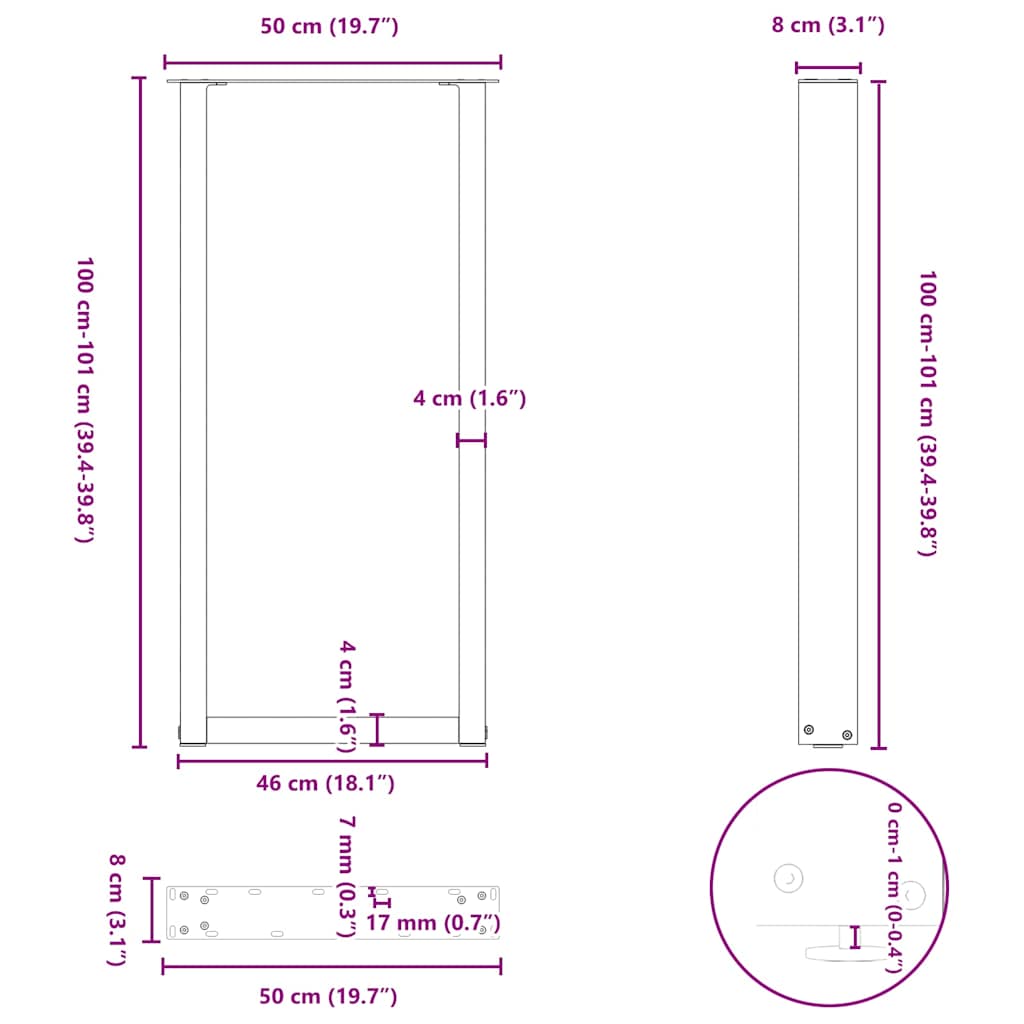 vidaXL Πόδια Τραπεζιού Μπαρ σε Σχήμα U 2 τεμ. Μαύρο 50x(100-101) εκ. Ατσάλι