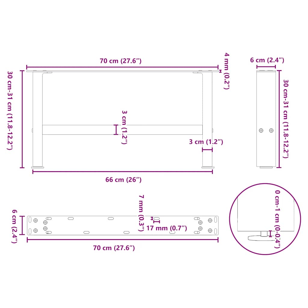 vidaXL Πόδια Τραπεζιού Σαλονιού 2 τεμ. Μαύρα 70x(30-31) εκ. Ατσάλι