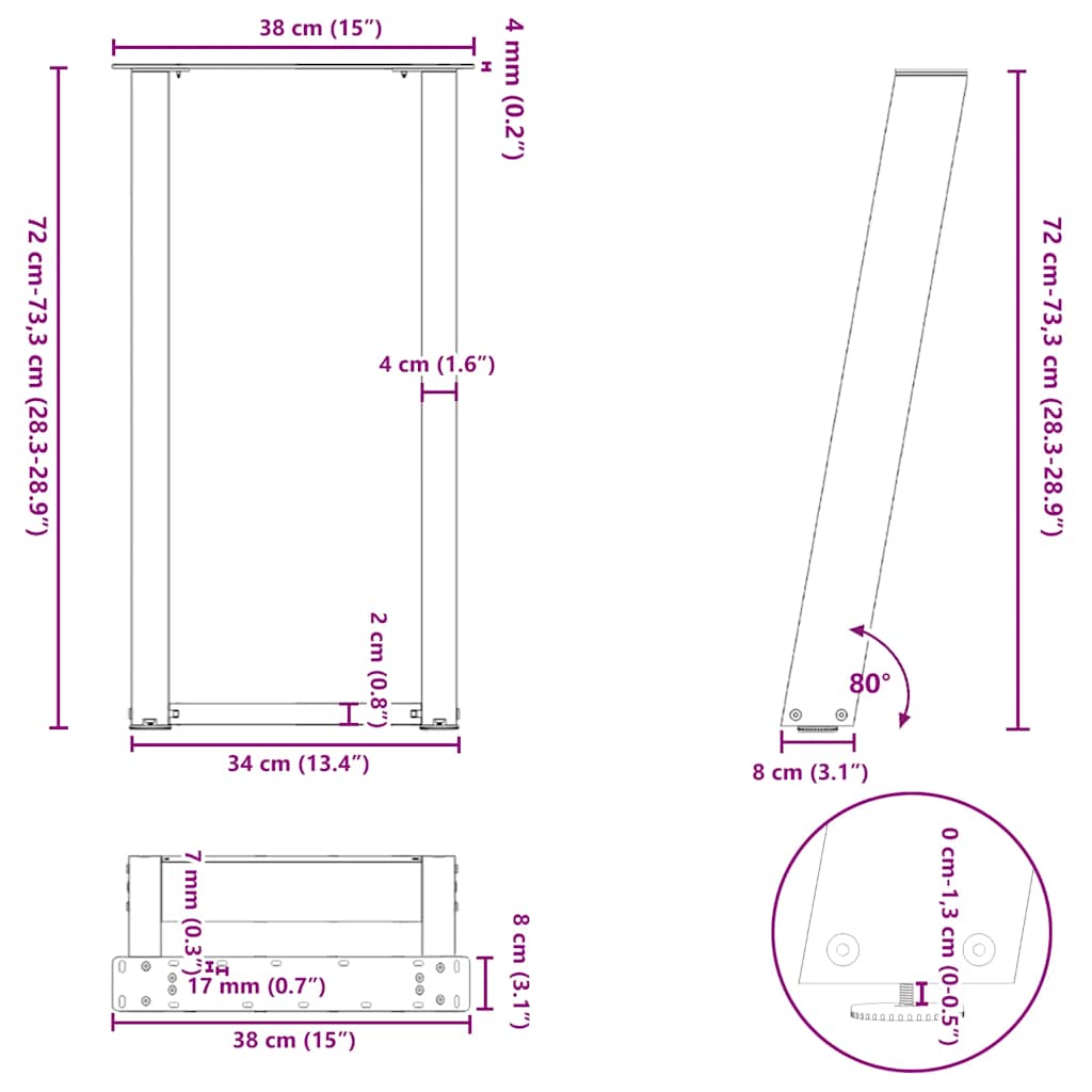 vidaXL Πόδια Κονσόλας σε Σχήμα U 2 τεμ. Λευκά 38x(72-73) εκ. Ατσάλι