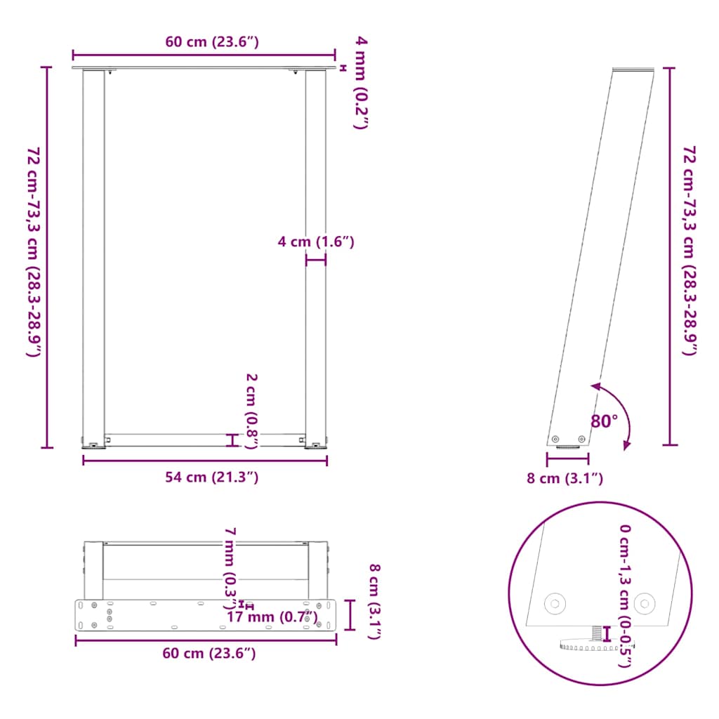 vidaXL Πόδια Τραπεζαρίας σε Σχήμα U 2 τεμ. Ανθρακί 60x(72-73) εκ. Ατσάλι