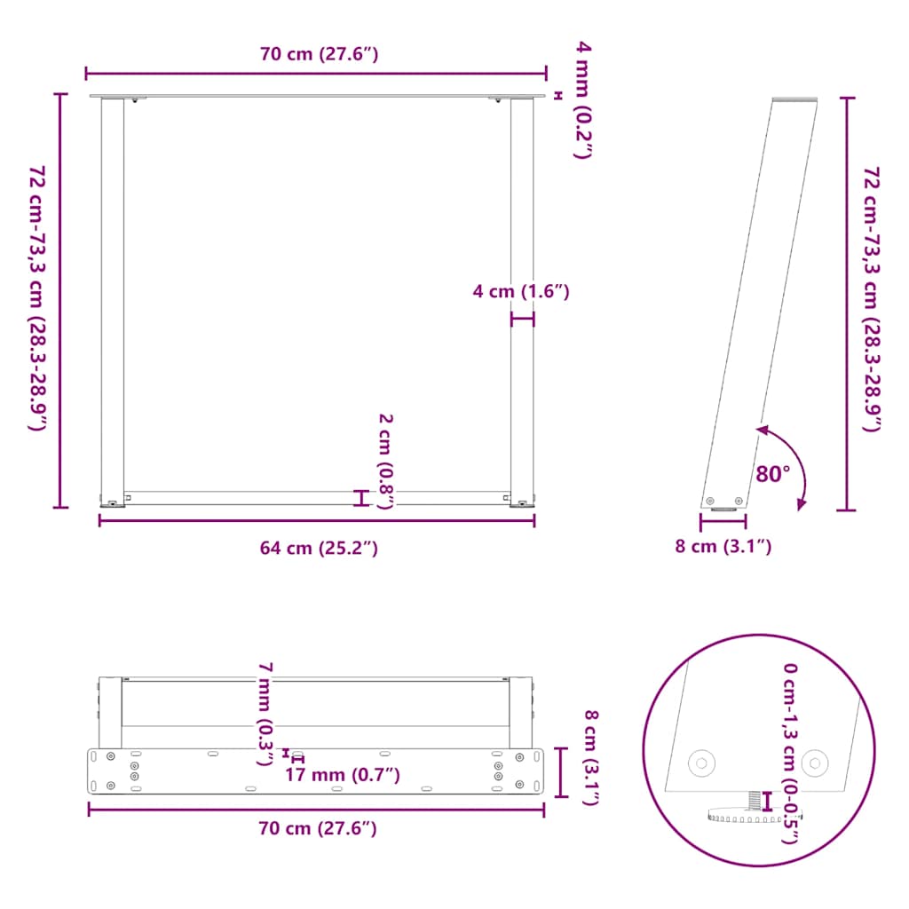 vidaXL Πόδια Τραπεζαρίας σε Σχήμα U 2 τεμ. Μαύρο 70x(72-73) εκ. Ατσάλι