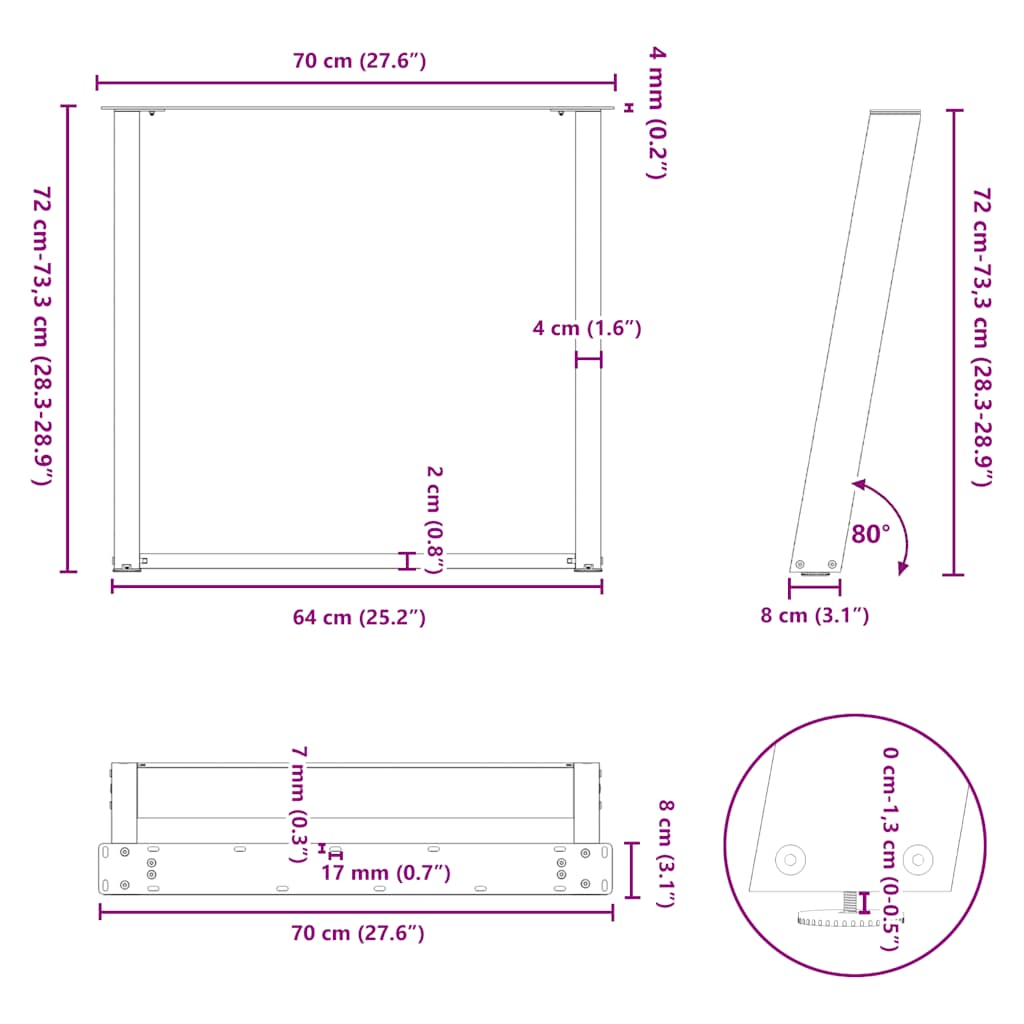 vidaXL Πόδια Τραπεζαρίας σε Σχήμα U 2 τεμ. Λευκά 70x(72-73) εκ. Ατσάλι