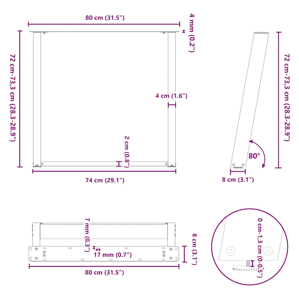 vidaXL Πόδια Τραπεζαρίας σε Σχήμα U 2 τεμ. Ανθρακί 80x(72-73) εκ. Ατσάλι
