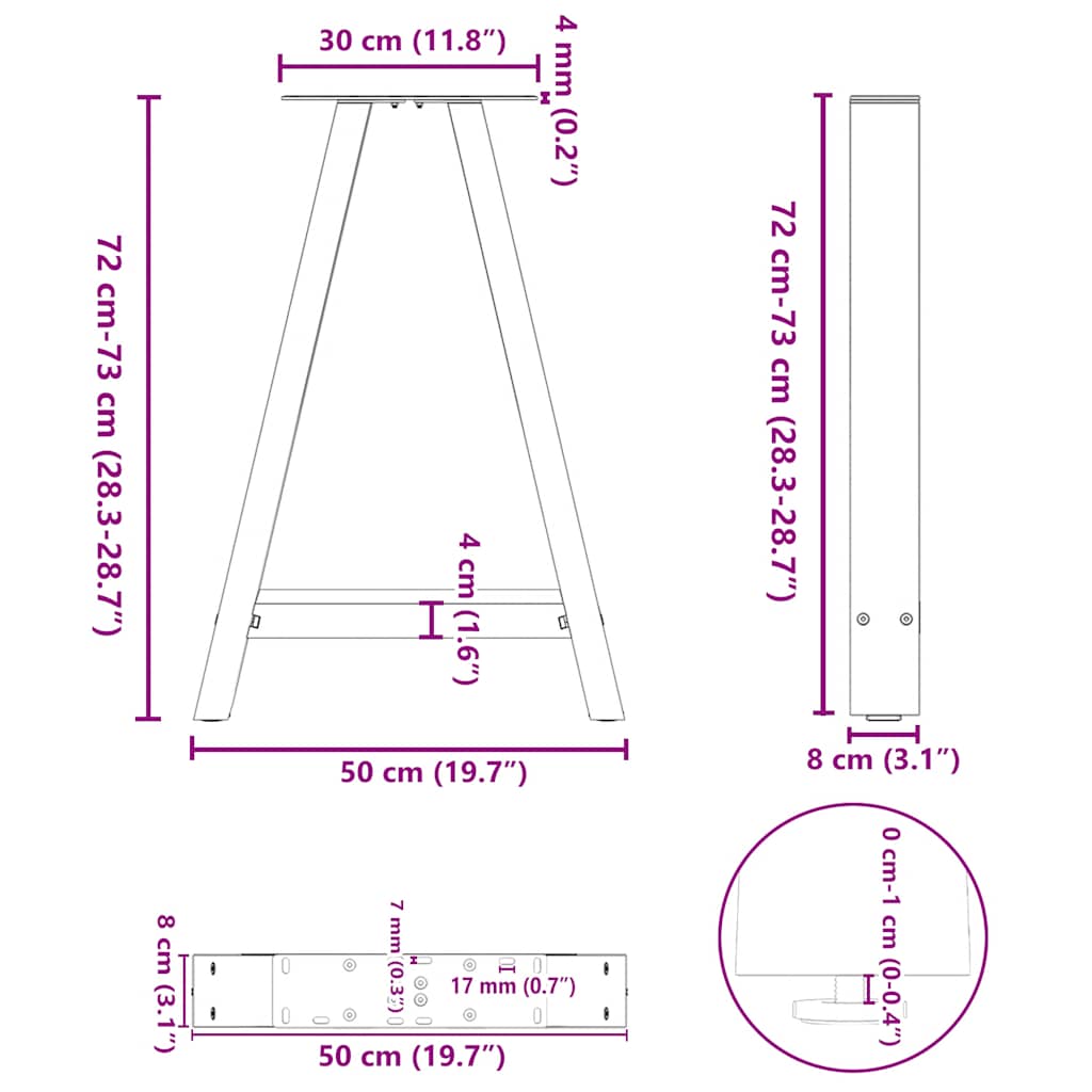 vidaXL Πόδια Τραπεζαρίας Σχήματος Α 2 τεμ. Μαύρο 50x(72-73) εκ. Ατσάλι