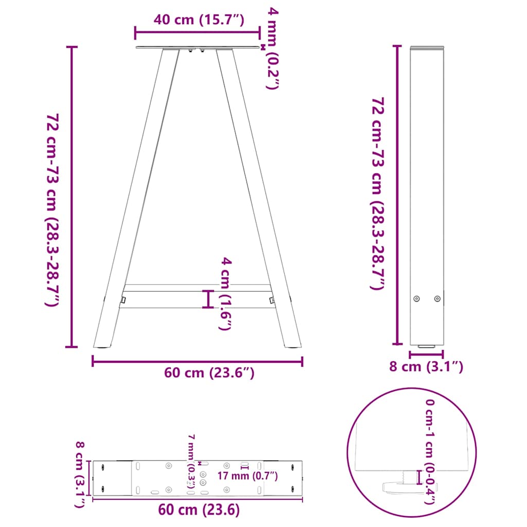 vidaXL Πόδια Τραπεζαρίας σε Σχήμα Α, 2 τεμ. Λευκά 60x(72-73) εκ. Ατσάλι