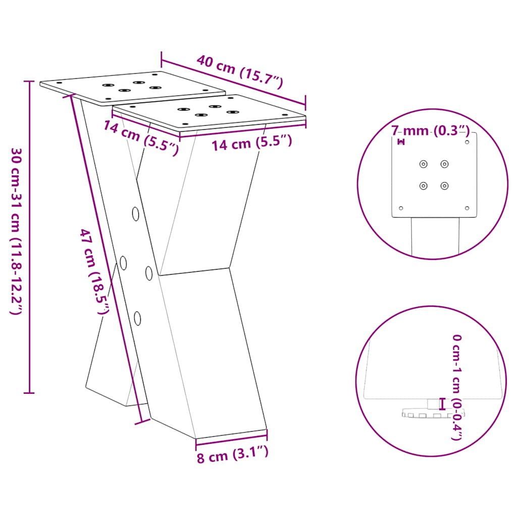 vidaXL Πόδια Τραπεζιού Σαλονιού σε Σχήμα Χ, 2 τεμ. από Φυσικό Ατσάλι 40x(30-31) εκ. Ατσάλι