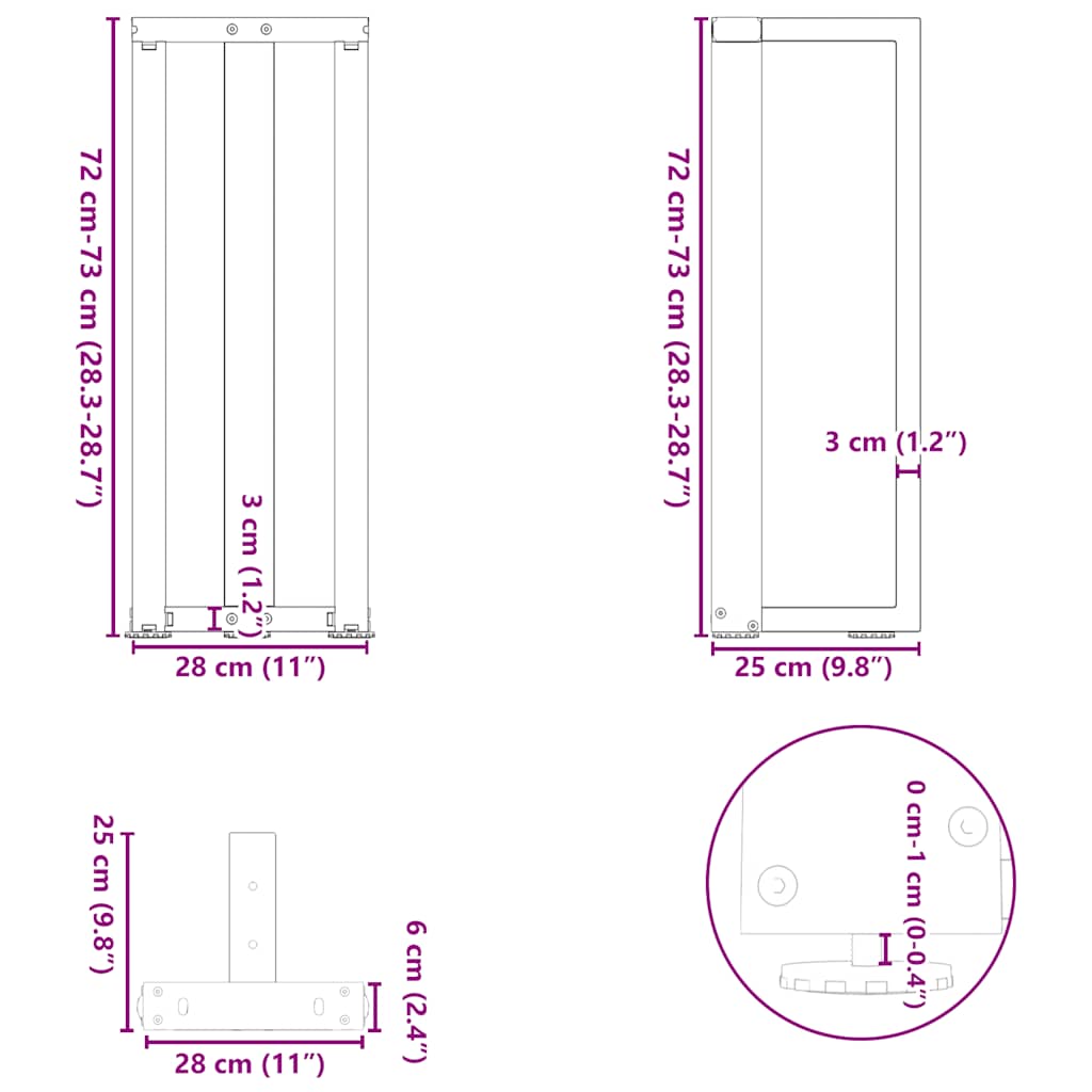 vidaXL Πόδια Κονσόλας σε Σχήμα Τ, 2 τεμ. Μαύρο 25x28x(72-73) εκ. Ατσάλι