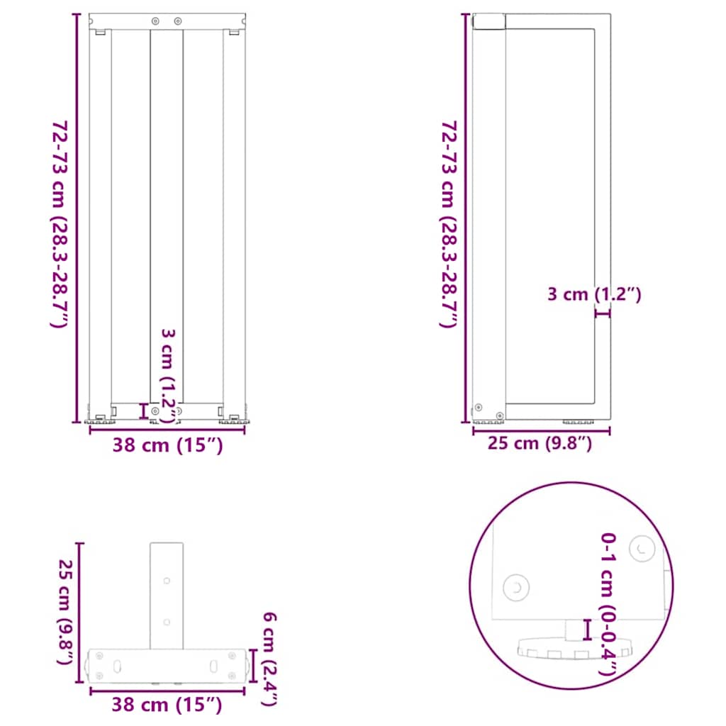 vidaXL Πόδια Κονσόλας σε Σχήμα Τ, 2 τεμ. Μαύρο 38x25x(72-73) εκ. Ατσάλι