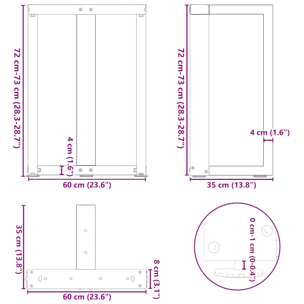 vidaXL Πόδια Τραπεζαρίας σε Σχήμα Τ, 2 τεμ. Μαύρο 60x35x(72-73) εκ. Ατσάλι