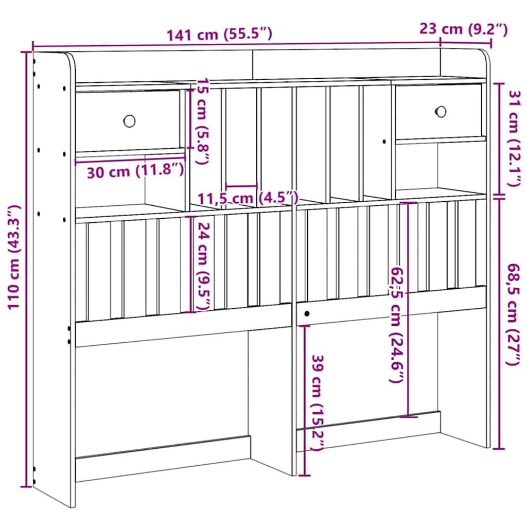 vidaXL Κεφαλάρι με Αποθ. Χώρο Λευκό 135 εκ. από Μασίφ Ξύλο Πεύκου