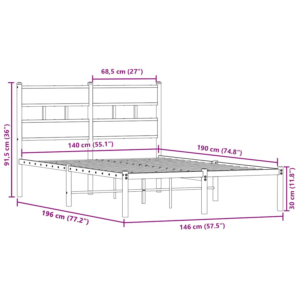 vidaXL Σκελετός Κρεβ. Χωρίς Στρώμα Sonoma Δρυς 140x190 εκ. Μεταλλικό