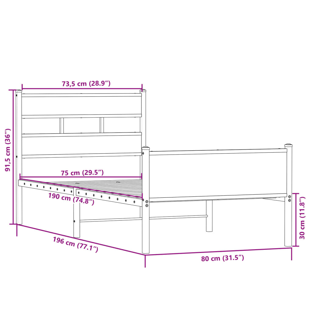 vidaXL Πλαίσιο Κρεβατιού Χωρ. Στρώμα Sonoma Δρυς 75x190εκ Επεξ. Ξύλο