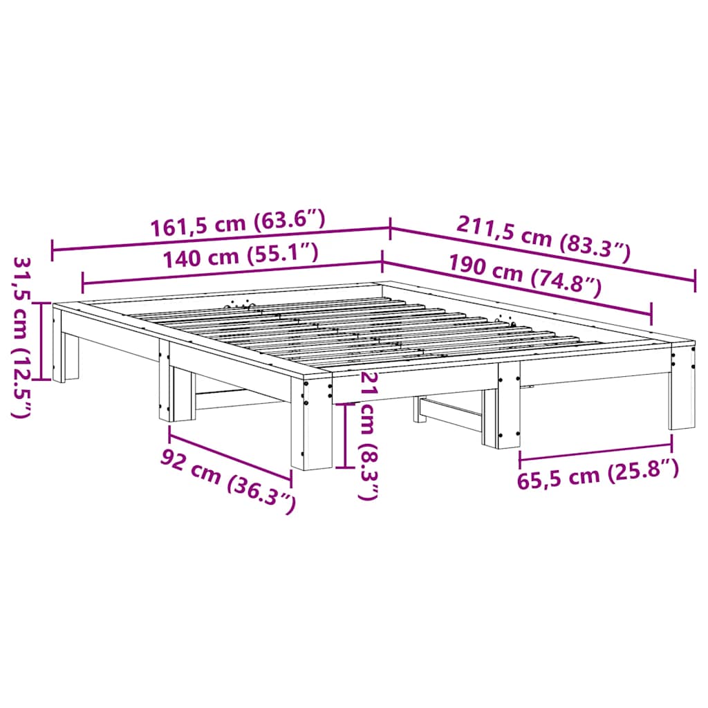 vidaXL Σκελετός Κρεβατιού Χωρίς Στρώμα 140x190 εκ Μασίφ Ξύλο Πεύκου