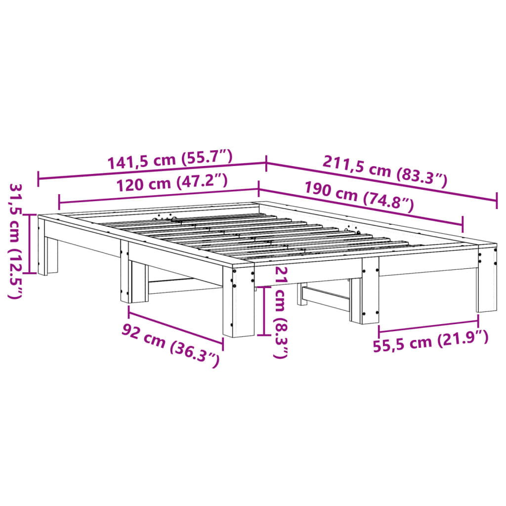 vidaXL Σκελετός Κρεβατιού Χωρίς Στρώμα 120x190 εκ Μασίφ Ξύλο Πεύκου