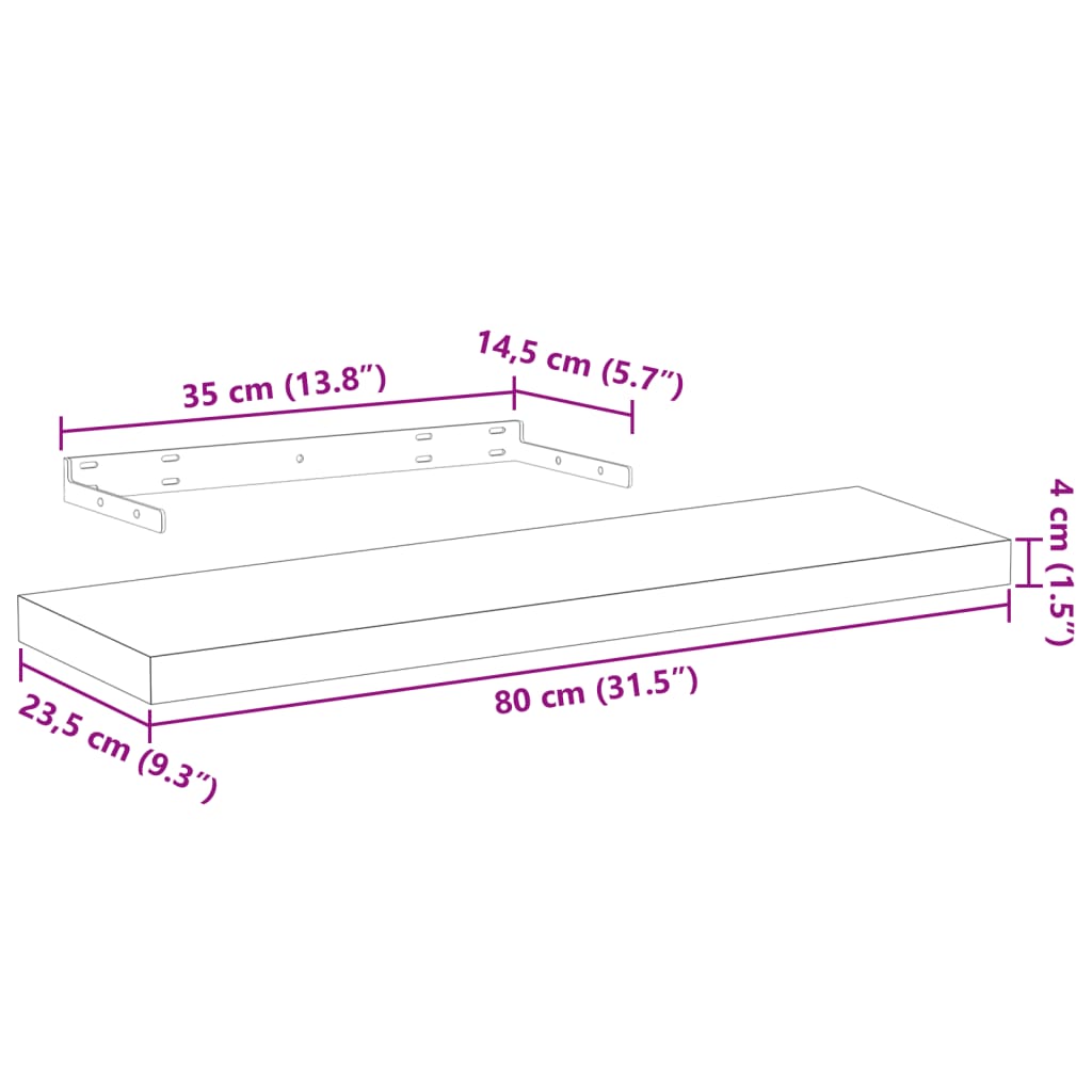 vidaXL Ράφια Τοίχου 2 τεμ. 80x23,5x4 εκ. Επεξεργασμένο Ξύλο