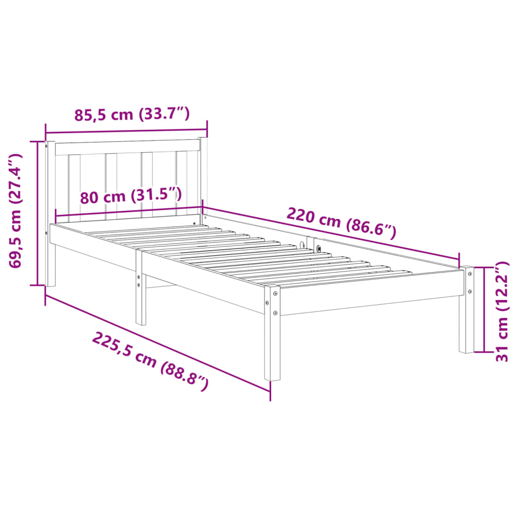 vidaXL Πλαίσιο Κρεβατιού Μακρύ Χωρίς Στρώμα 80x220 εκ Μασίφ Πεύκο