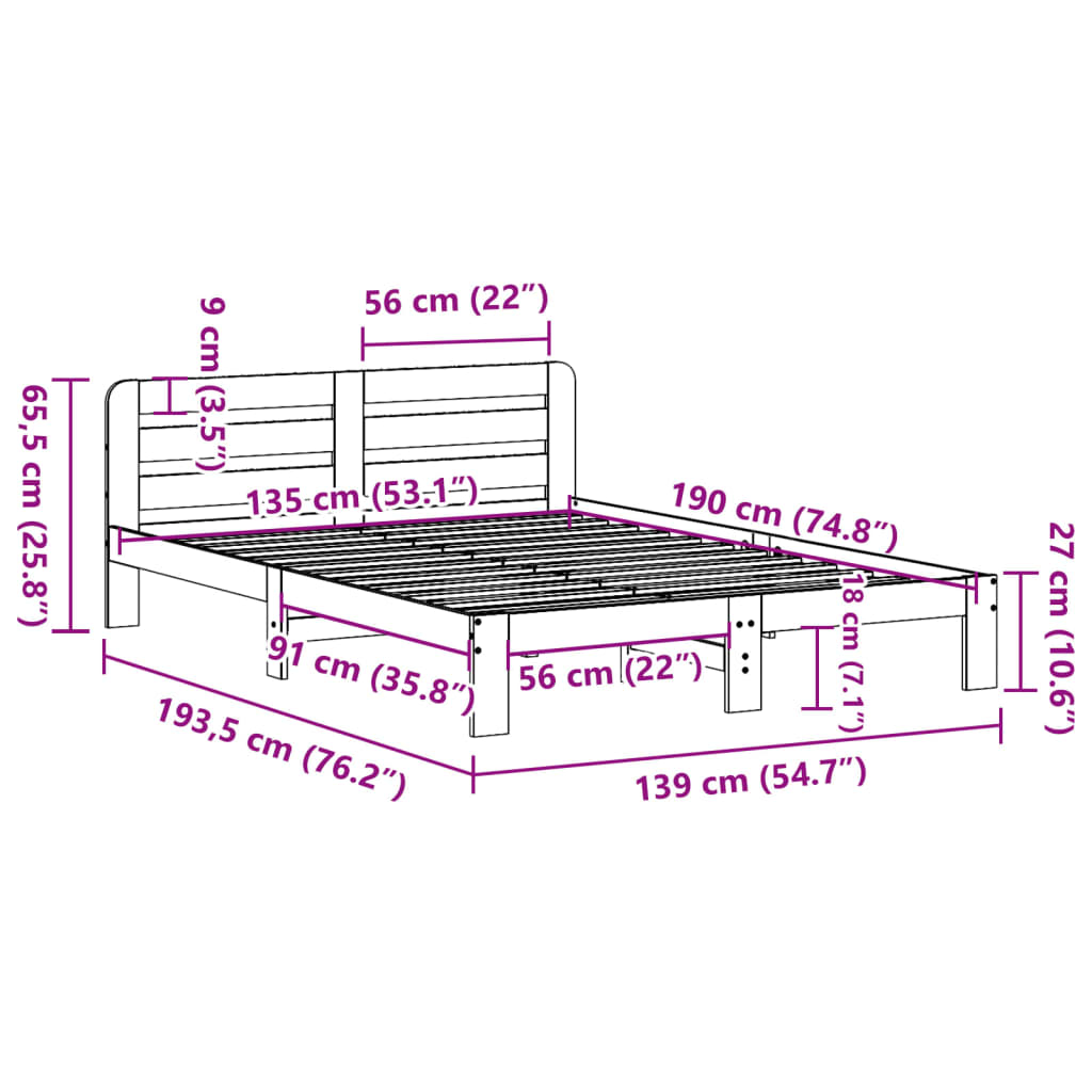 vidaXL Σκελετός Κρεβατιού Χωρίς Στρώμα 135x190 εκ Μασίφ Ξύλο Πεύκου