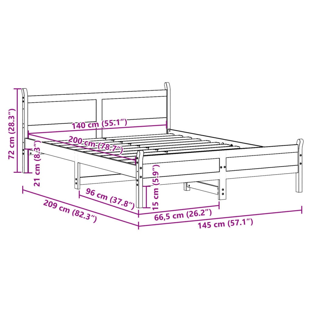 vidaXL Σκελετός Κρεβατιού Χωρίς Στρώμα Καφέ 140x200 Μασίφ Ξύλο Πεύκου