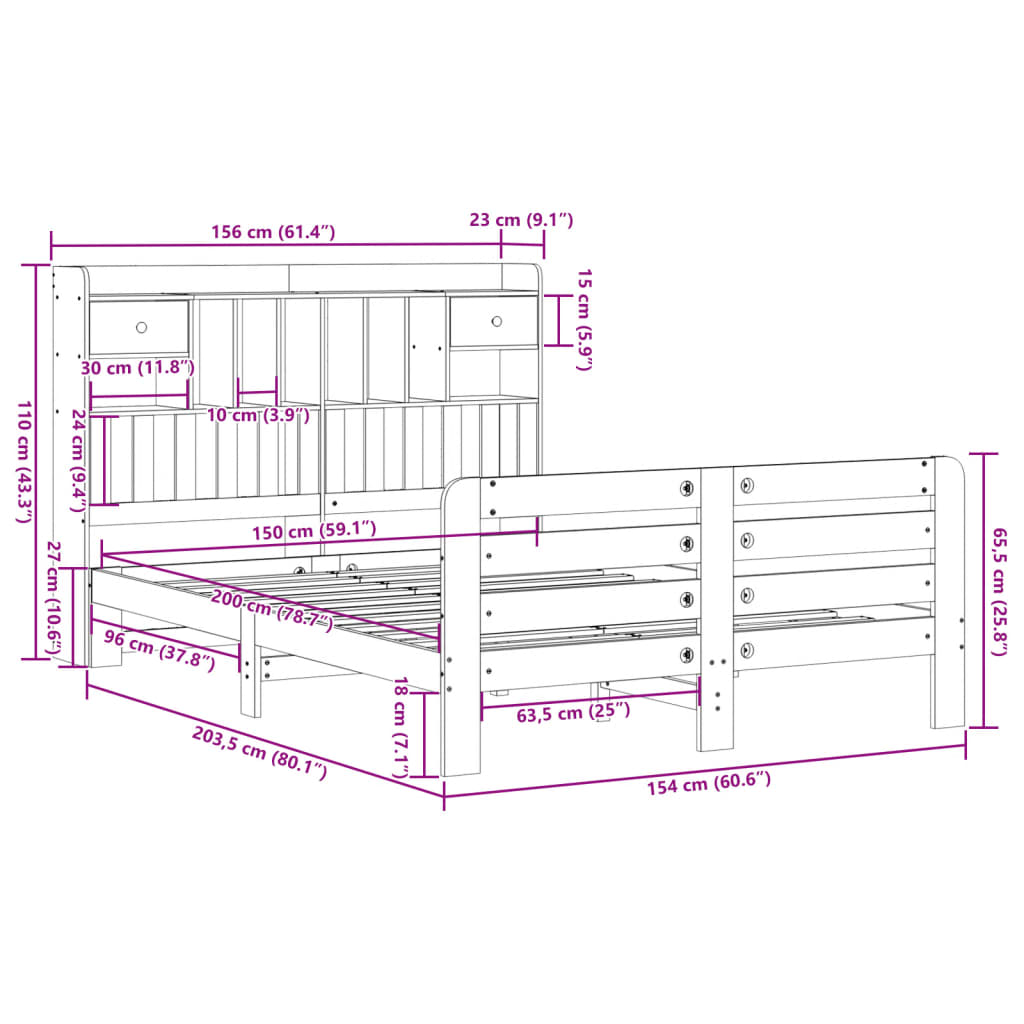 vidaXL Κρεβάτι Βιβλιοθήκη Χωρίς Στρώμα 150x200 εκ Μασίφ Ξύλο Πεύκου