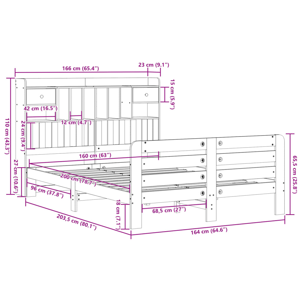 vidaXL Κρεβάτι Βιβλιοθήκη Χωρίς Στρώμα 160x200 εκ Μασίφ Ξύλο Πεύκου