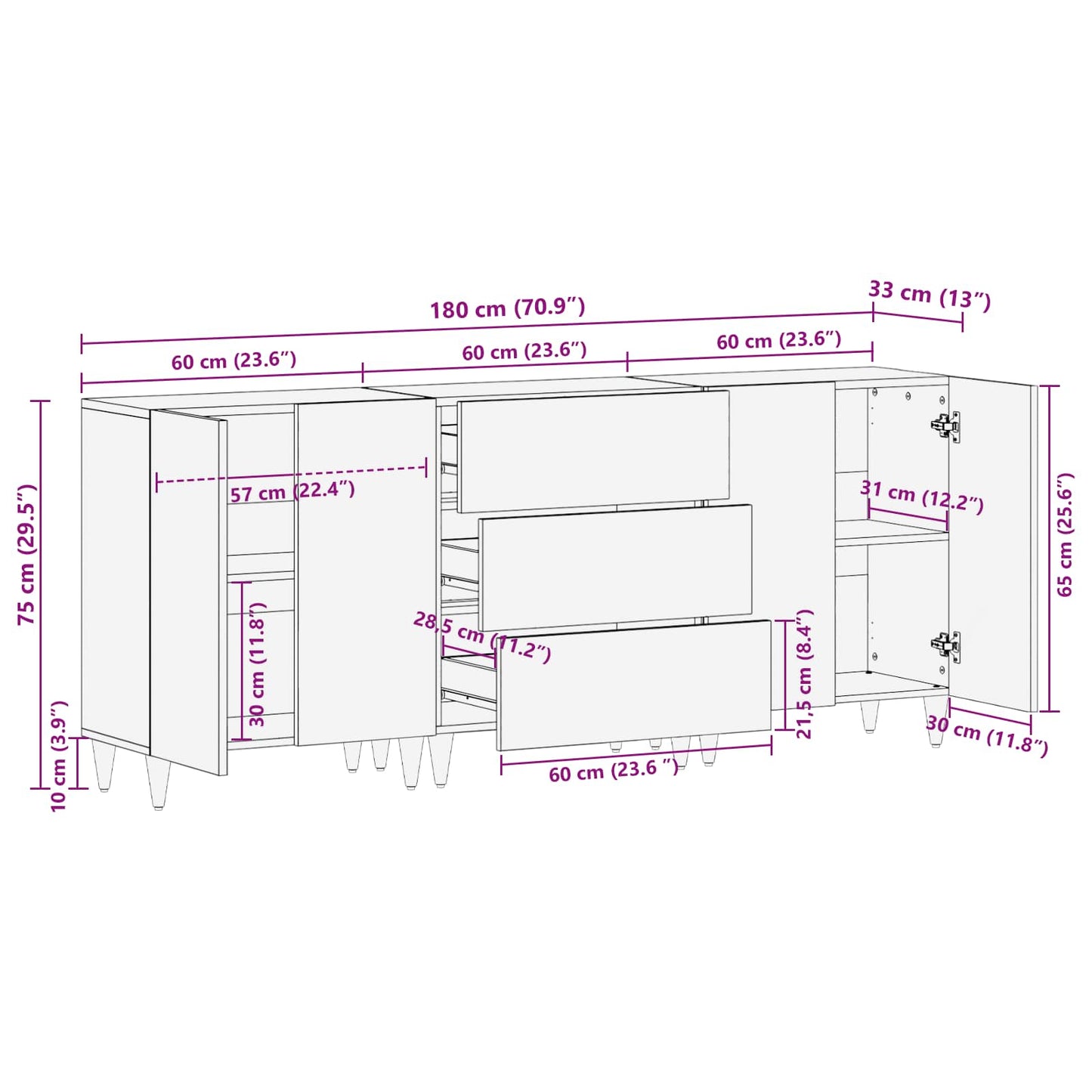 vidaXL Ντουλάπες Αποθήκευσης 3 τμχ. 180 x 33 x 75 εκ. Πολύχρωμο