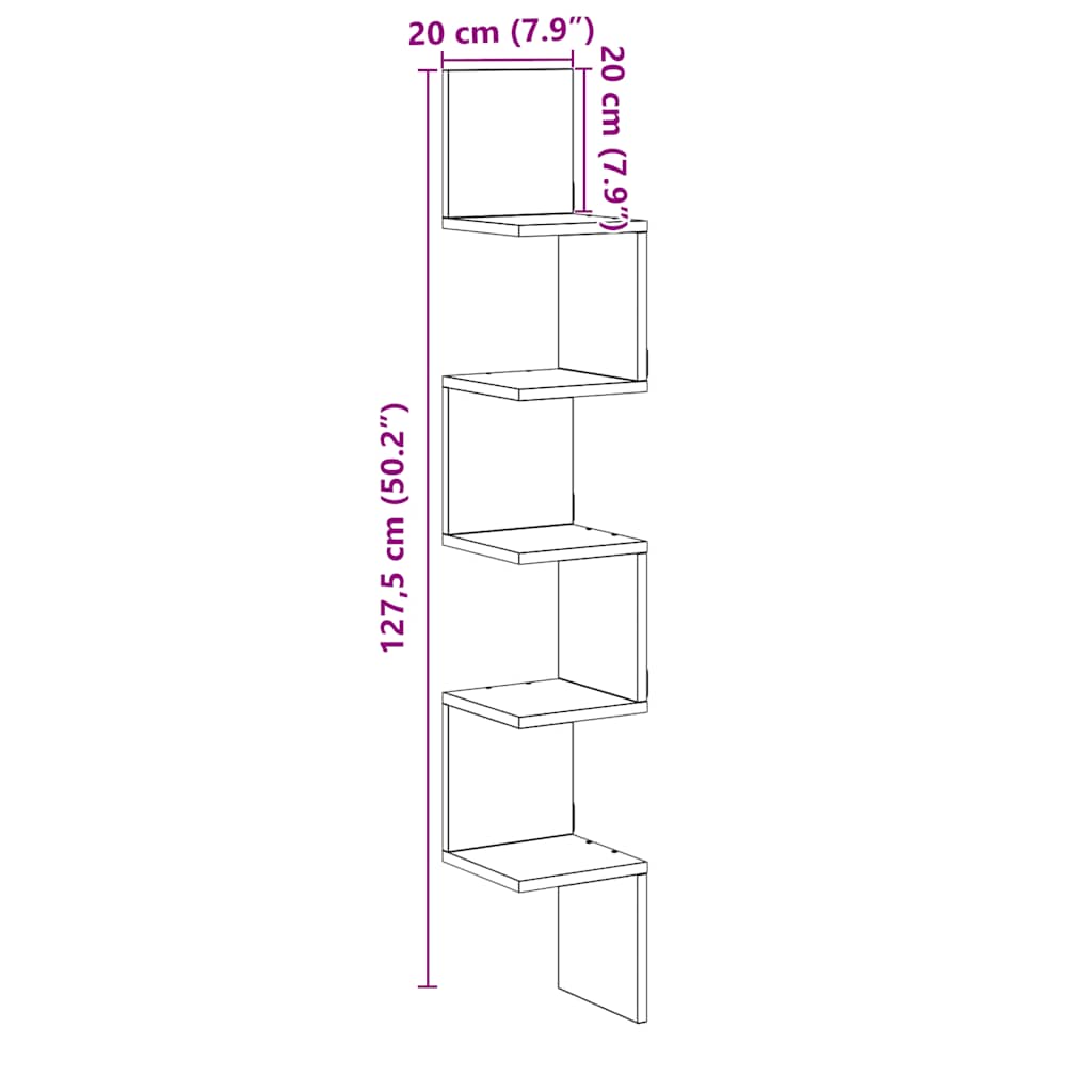 vidaXL Γωνιακή Ραφιέρα Τοίχου Παλιό Ξύλο 20x20x127,5 εκ. Μοριοσανίδα