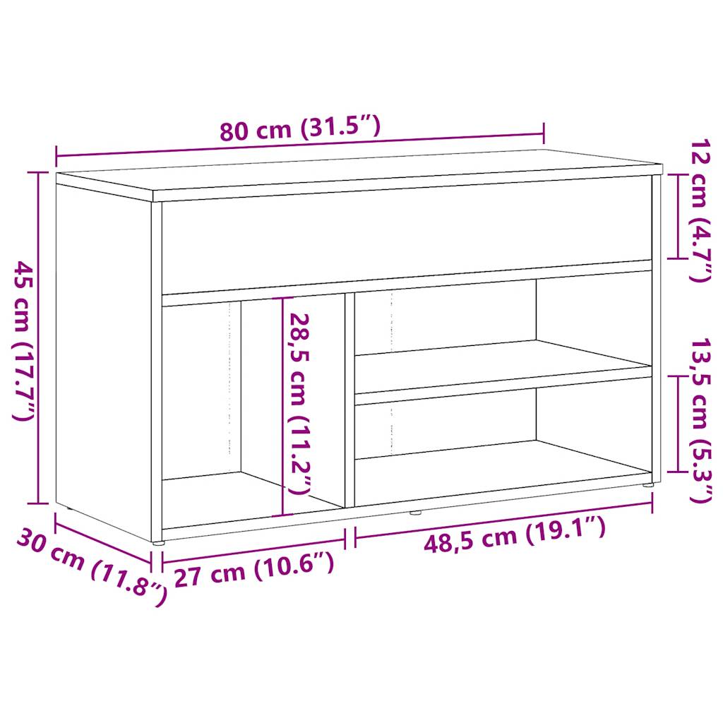 vidaXL Πάγκος Παπουτσιών τεχνίτης Δρυς 80x30x45 εκ. Επεξεργασμένο Ξύλο