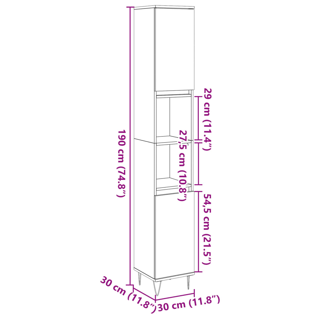 vidaXL Ντουλάπι Μπάνιου Γκρι Σκυροδέματος 30x30x190 εκ. Επεξ. Ξύλο