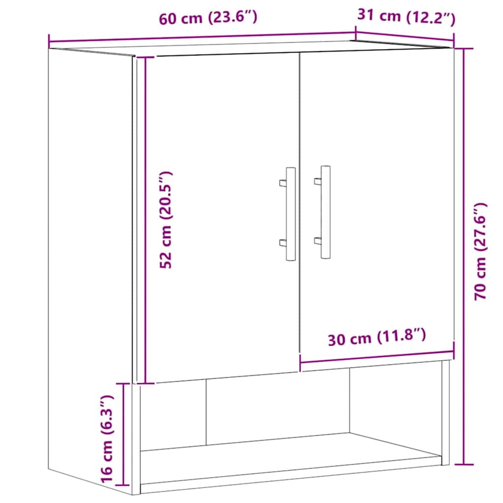 vidaXL Ντουλάπι Τοίχου Δρυς τεχνίτης 60x31x70 εκ. Επεξεργασμένο Ξύλο