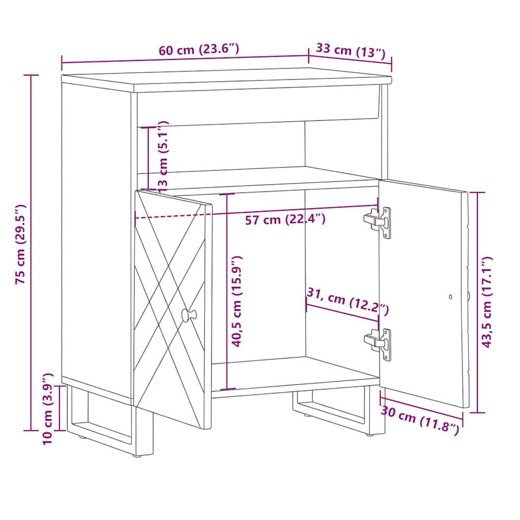 vidaXL Μπουφές Μαύρο 60x33x75 cm Μασίφ Ξύλο Μάνγκο