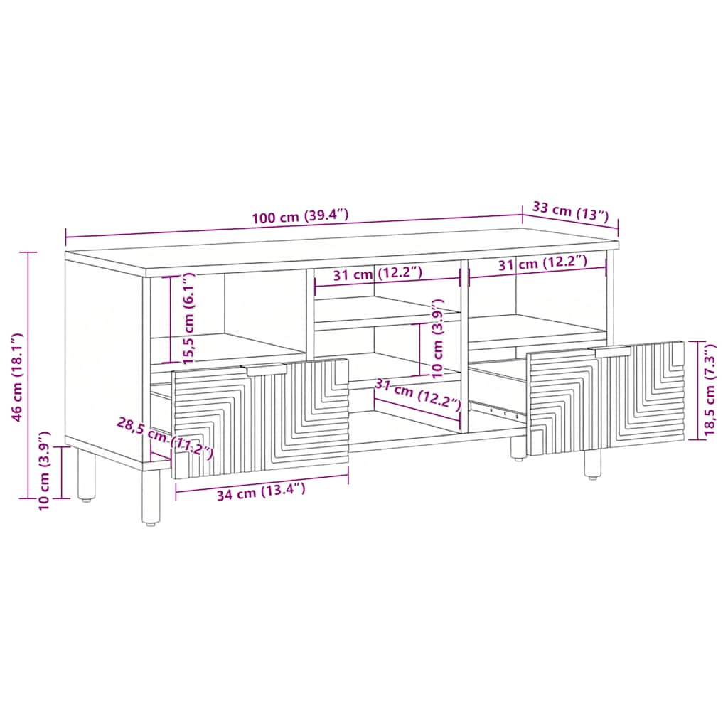 vidaXL Ντουλάπι τηλεόρασης καφέ 100x33x46 cm μασίφ ξύλο Mango