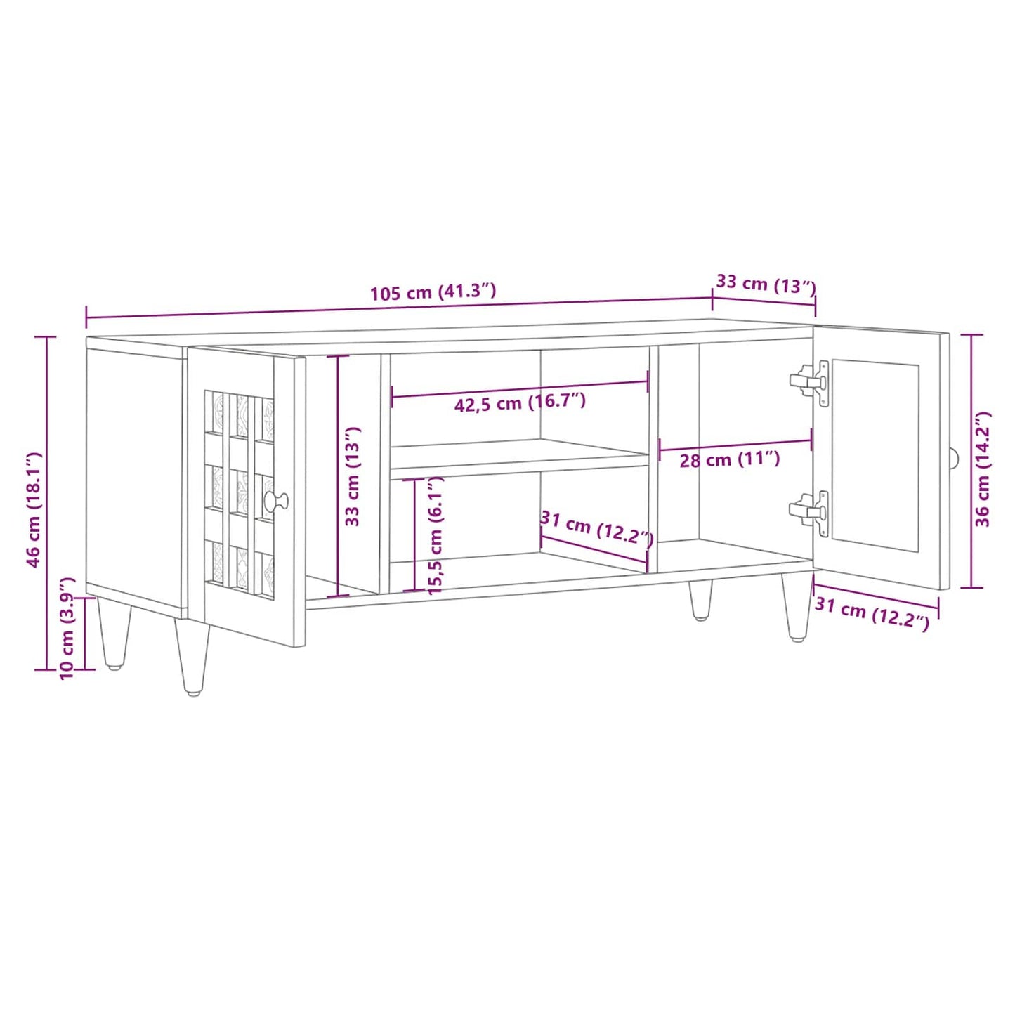vidaXL Ντουλάπι TV με ράφι Φυσικό 105 x 33 x 46 εκ. Στερεό ξύλο μάνγκο