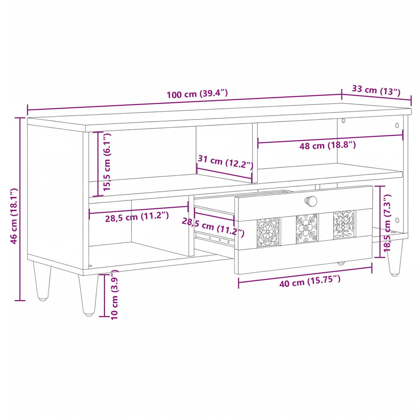 vidaXL Ντουλάπι TV με ράφι Φυσικό 100 x 33 x 46 εκ Στερεό ξύλο μάνγκο