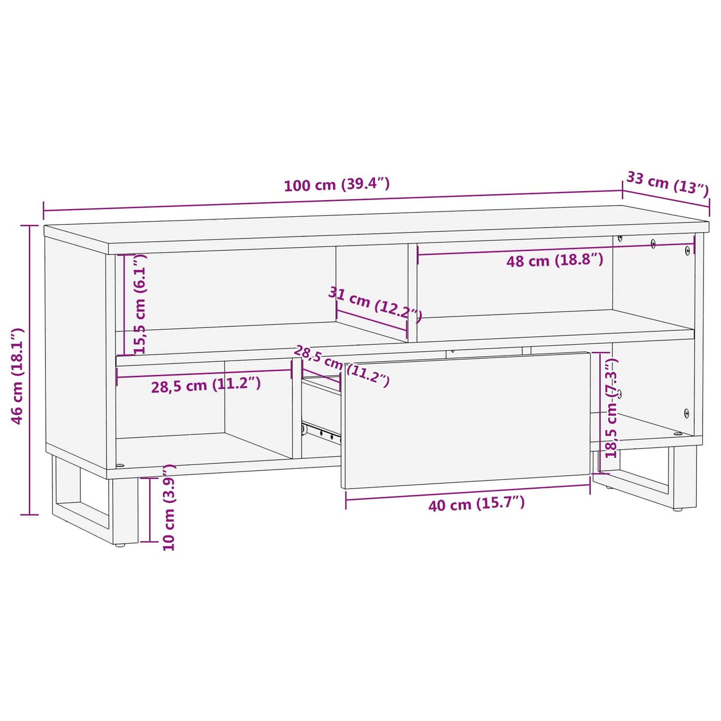 vidaXL Ντουλάπι TV με συρτάρι Καφέ 100 x 33 x 46 εκ Στερεό ξύλο μάνγκο