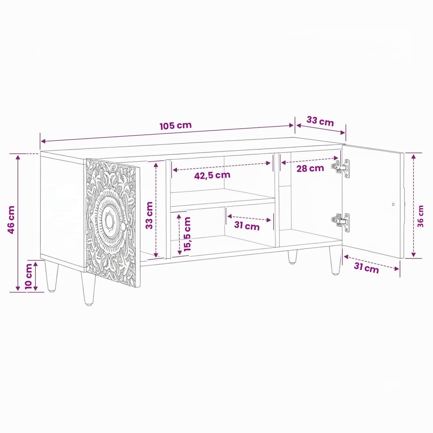 vidaXL Ντουλάπι TV Λευκό 105 x 33,5 x 46 εκ. Στερεό ξύλο μάνγκο