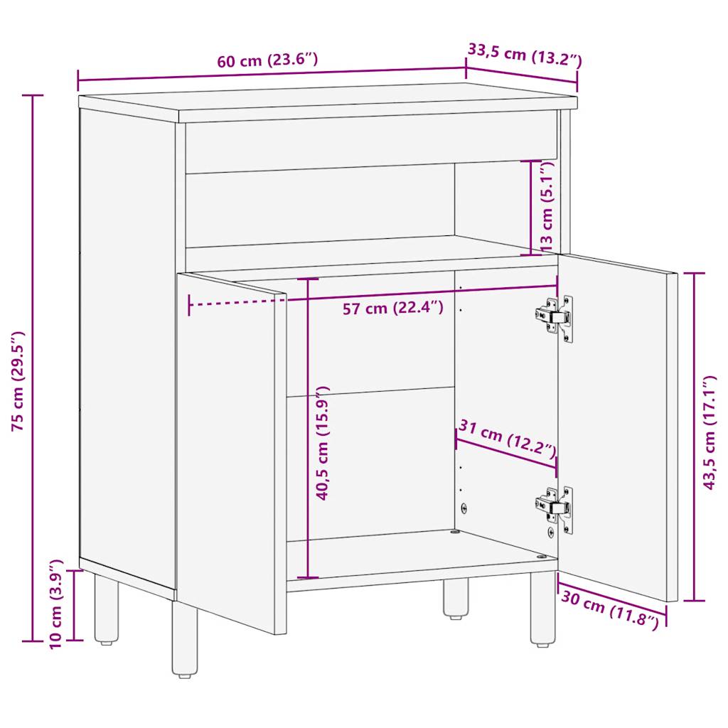 vidaXL Μπουφές 60x33,5x75 εκ. από Μασίφ Ακατέργαστο Ξύλο Μάνγκο