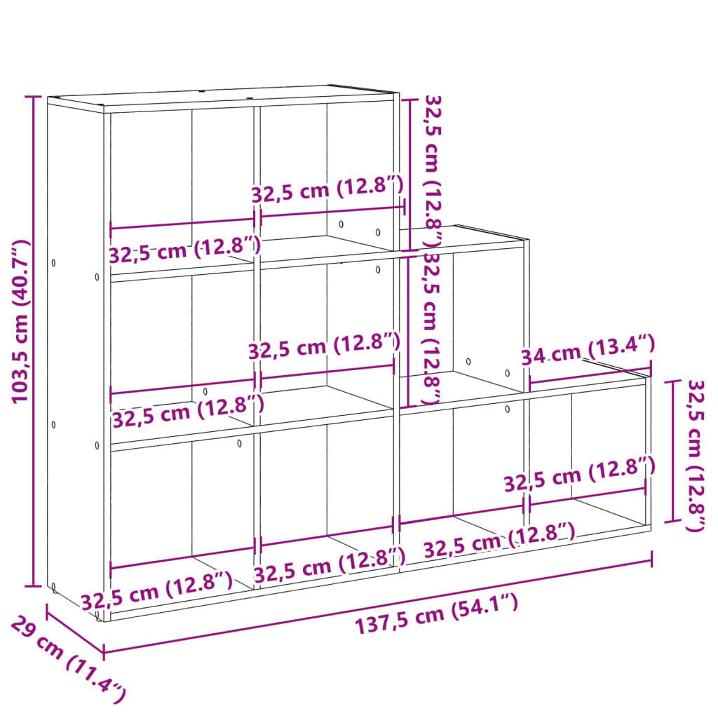 vidaXL Βιβλιοθήκη/Διαχωρ. Χώρου 3 Επ. Γκρι 137,5x29x103,5 εκ. Επ. Ξύλο