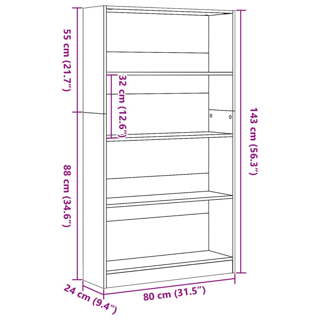 vidaXL Βιβλιοθήκη Καφέ Δρυς 80x24x143 εκ. από Επεξεργασμένο Ξύλο