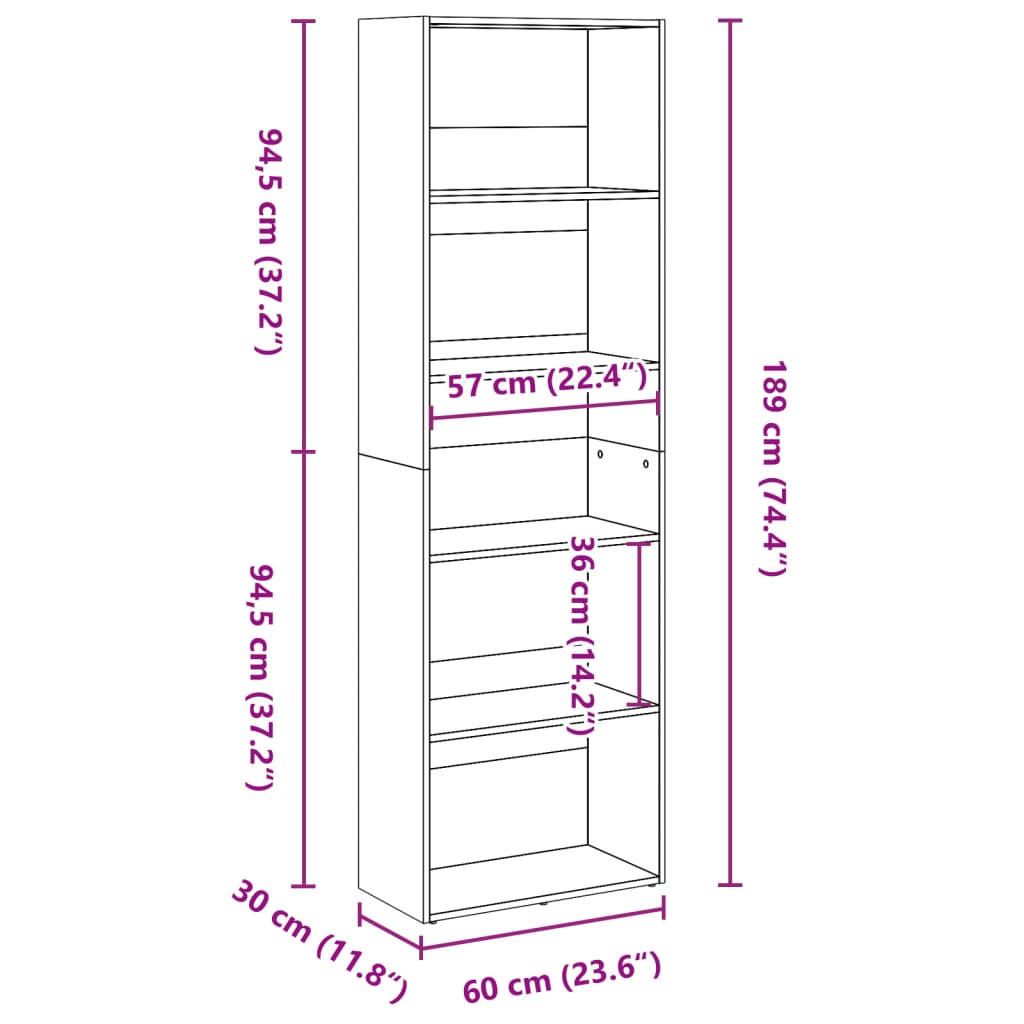 vidaXL Βιβλιοθήκη Αρτισιανή Δρυς 60x30x189 εκ. από Επεξεργασμένο Ξύλο
