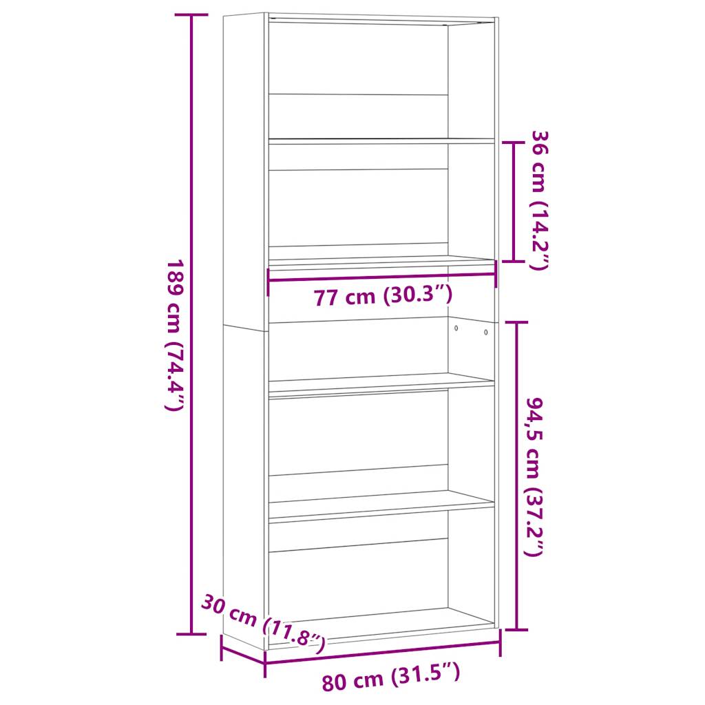 ντουλάπι βιβλίων vidaXL Γκρι μπετόν 80x30x189 cm Κατασκευασμένο ξύλο