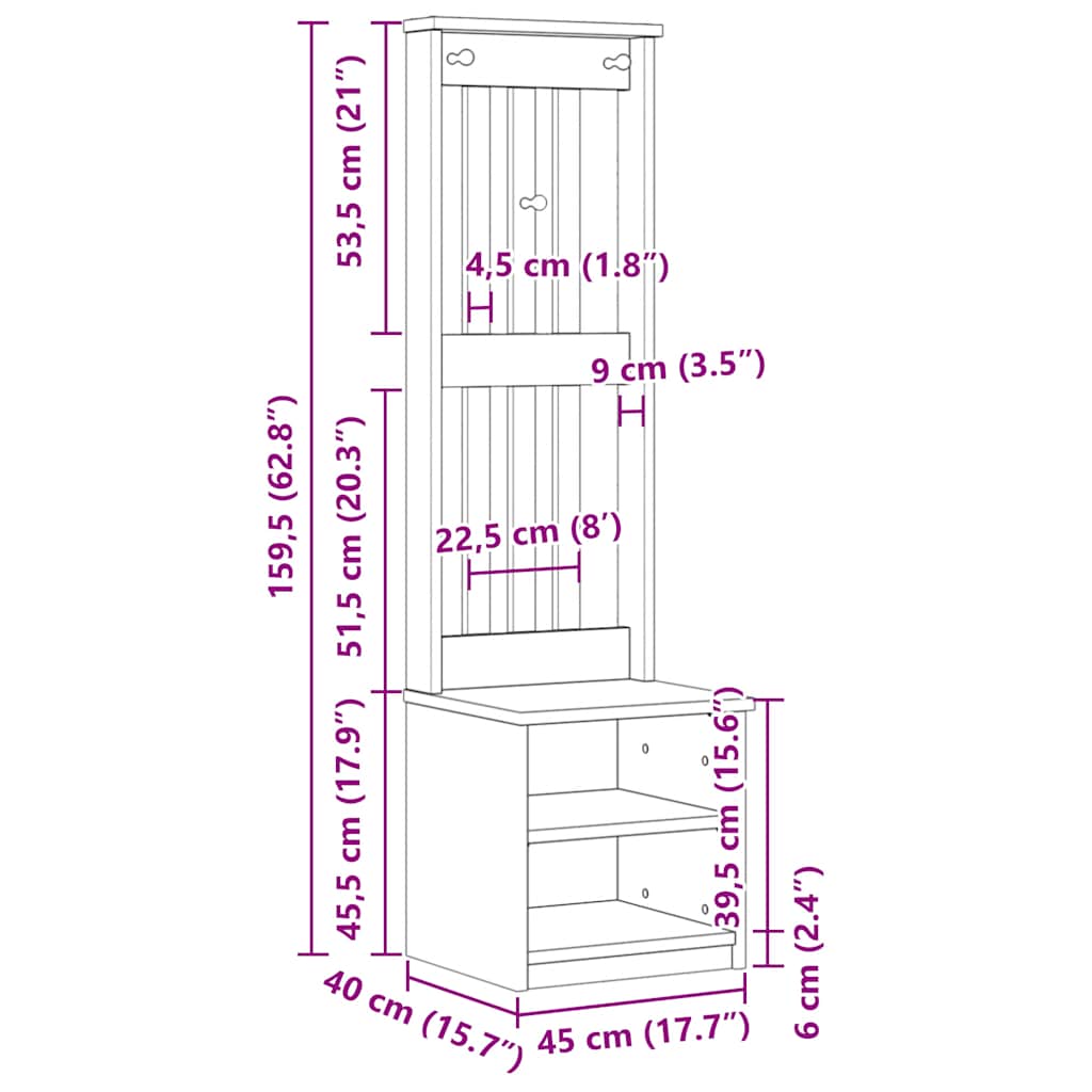 vidaXL Δέντρο χωλ SANDNES Λευκό 45x40x159,5 εκ. Πεύκο μασίφ ξύλο