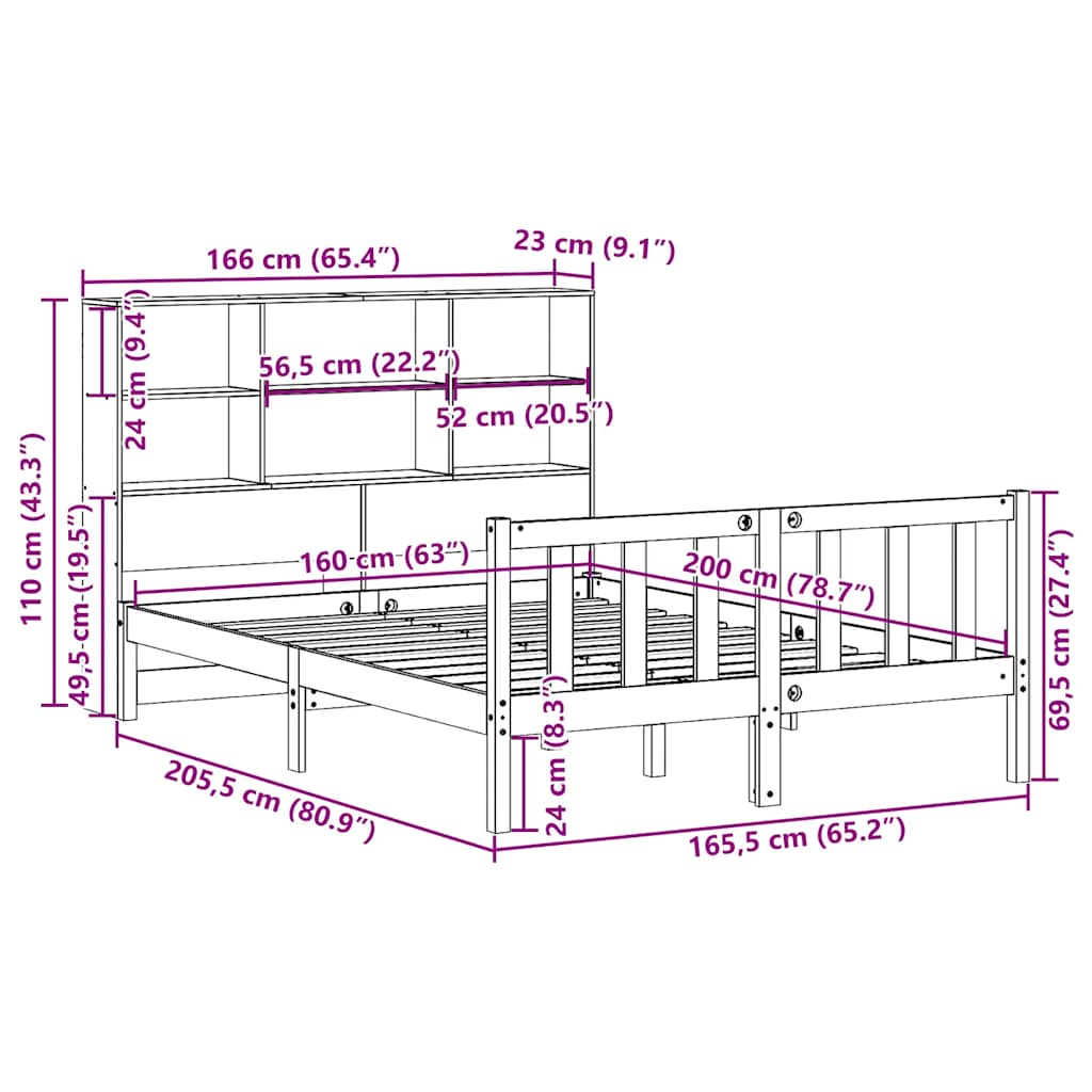 vidaXL Κρεβάτι Βιβλιοθήκη Χωρίς Στρώμα 160x200 εκ Μασίφ Ξύλο Πεύκου