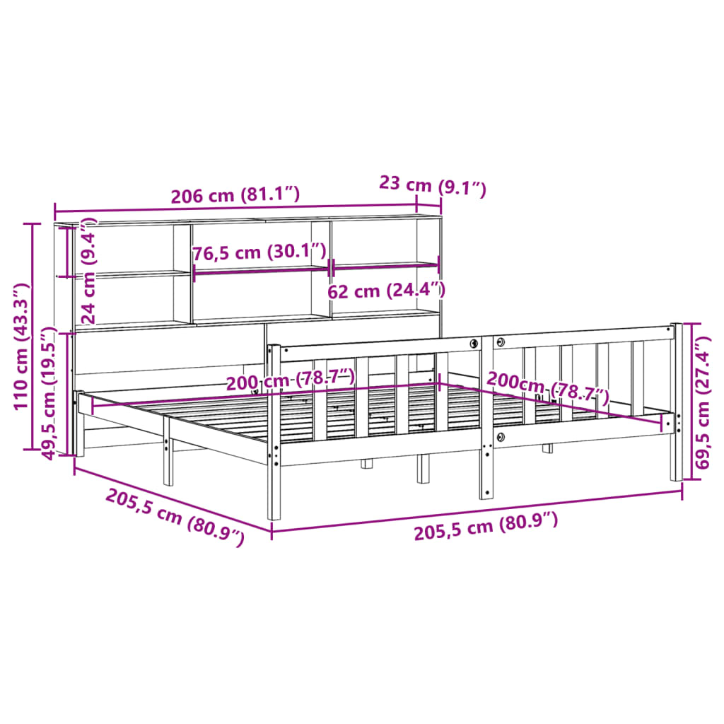 vidaXL Κρεβάτι Βιβλιοθήκη Χωρίς Στρώμα 200x200 εκ Μασίφ Ξύλο Πεύκου