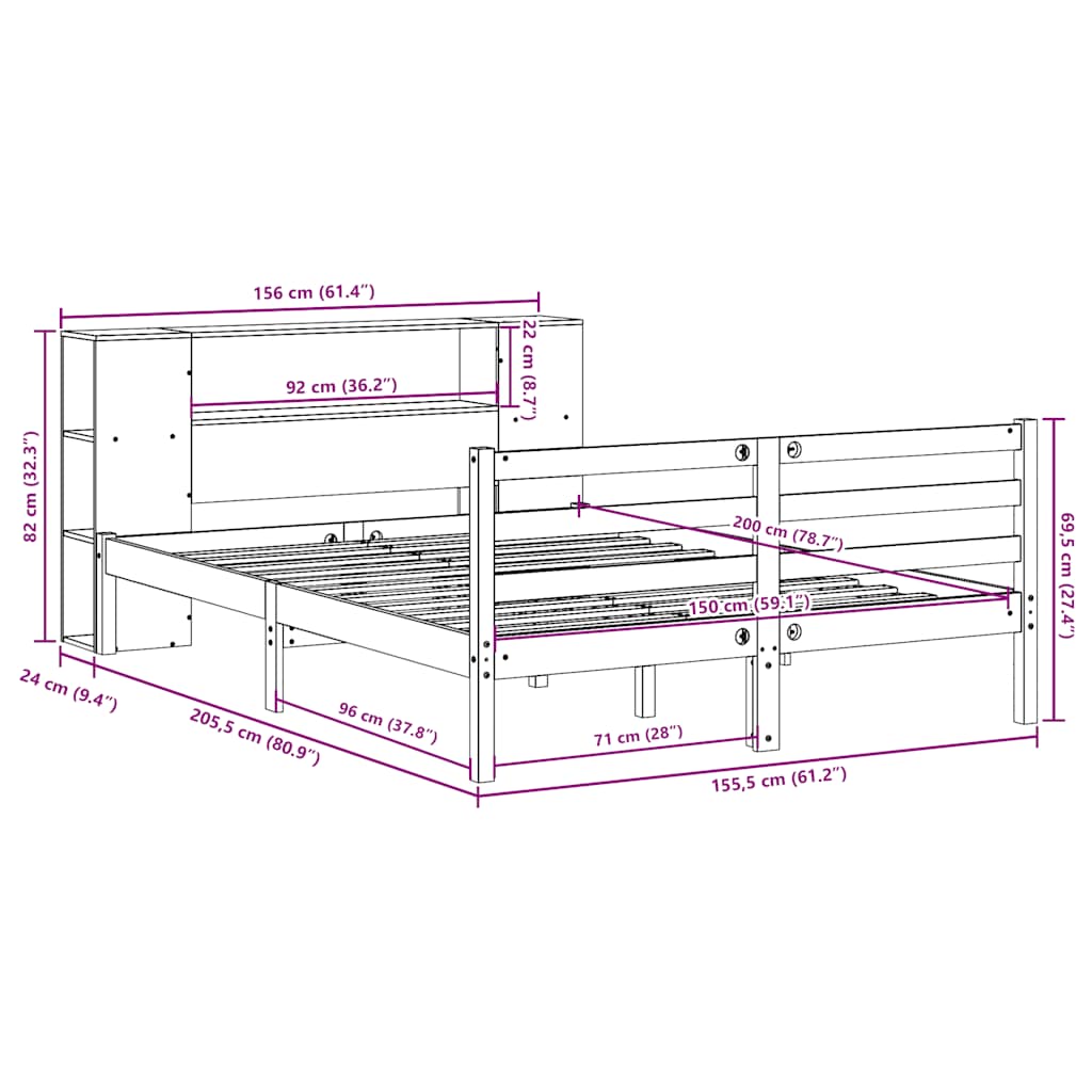 vidaXL Κρεβάτι Βιβλιοθήκη Χωρίς Στρώμα 150x200 εκ Μασίφ Ξύλο Πεύκου