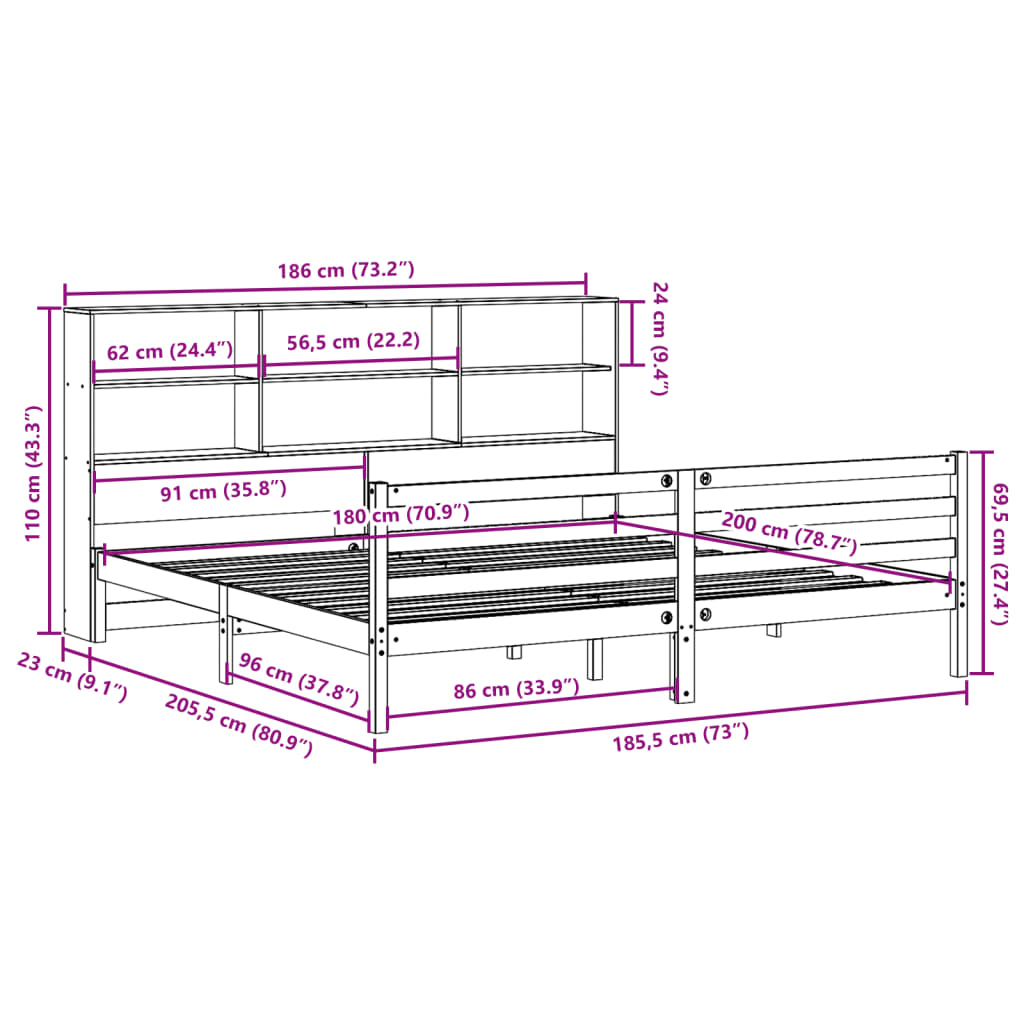 vidaXL Κρεβάτι Βιβλιοθήκη Χωρίς Στρώμα 180x200 εκ Μασίφ Ξύλο Πεύκου