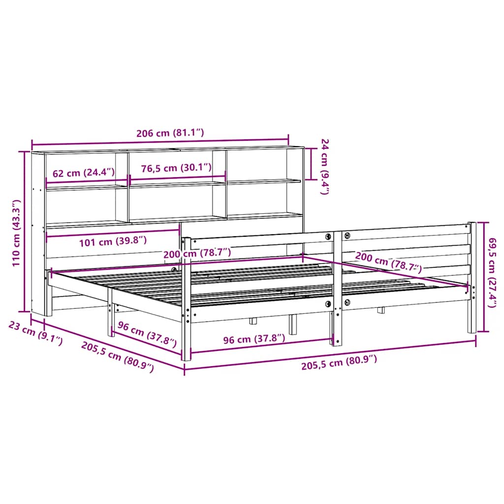 vidaXL Κρεβάτι Βιβλιοθήκη Χωρίς Στρώμα Καφέ 200x200 εκ Μασίφ Πεύκο