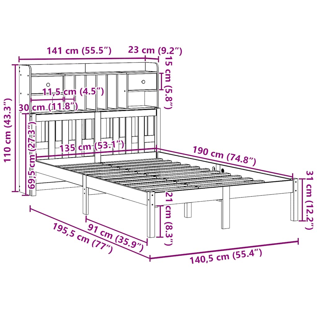 vidaXL Κρεβάτι Βιβλιοθήκη Χωρίς Στρώμα 135x190 εκ Μασίφ Ξύλο Πεύκου
