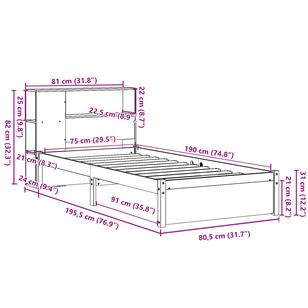 vidaXL Κρεβάτι Βιβλιοθήκη Χωρίς Στρώμα 75x190 εκ Μασίφ Ξύλο Πεύκο